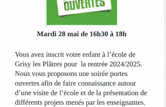 Mardi 28 mai, à partir de 16h30 : présentation de l'école de Grisy aux parents des nouveaux inscrits.